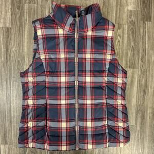 Tommy Hilfiger Women’s Plaid Quilted Puffer Vest Navy Red White Zip Sleeveless